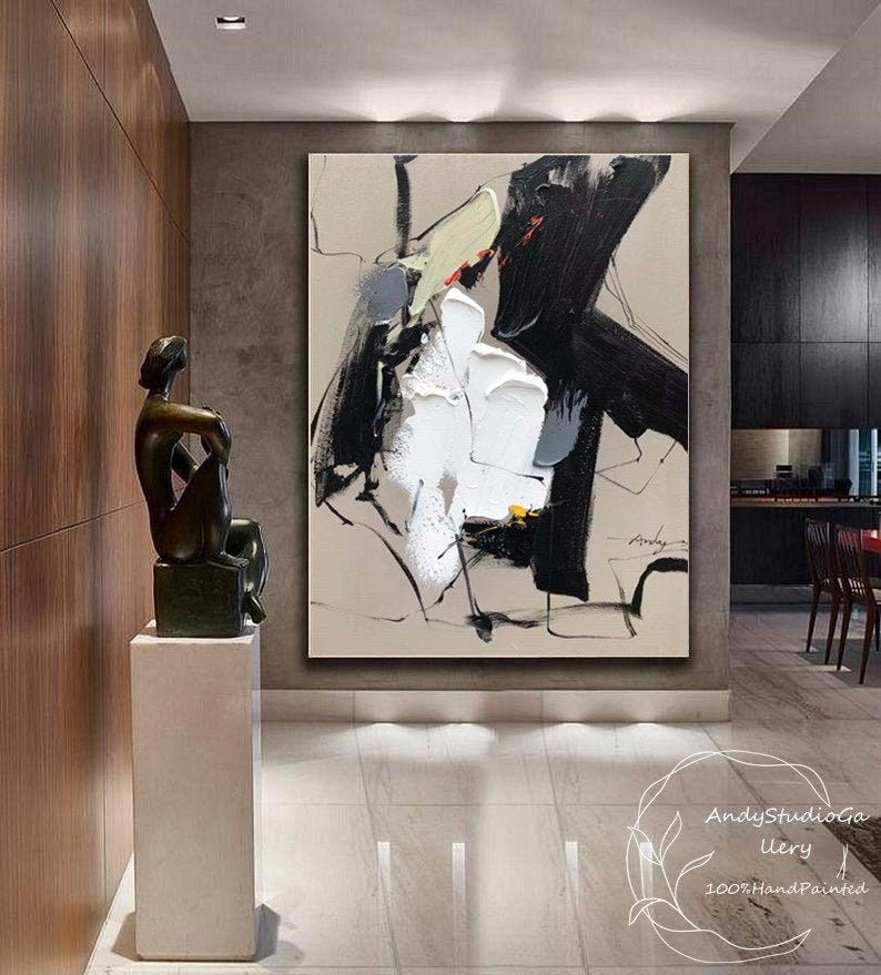 Original Abstract Painting Black And White Oil Painting,Modern Brown Canvas Wall Art,Minimalist Painting On Canvas,Extra Large Wall Decor image 1