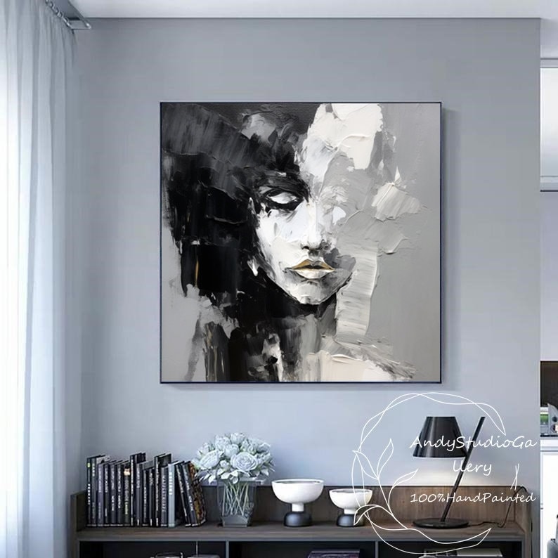 Large Black and White Abstract Lady Painting Original Texture Woman ...