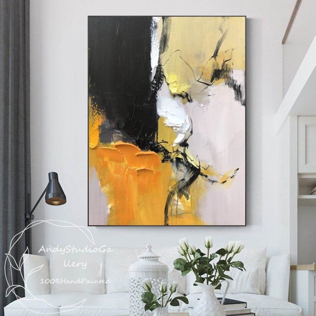 黒と黄色の抽象的なキャンバス油絵、モダンな質感の壁アート - Etsy 日本