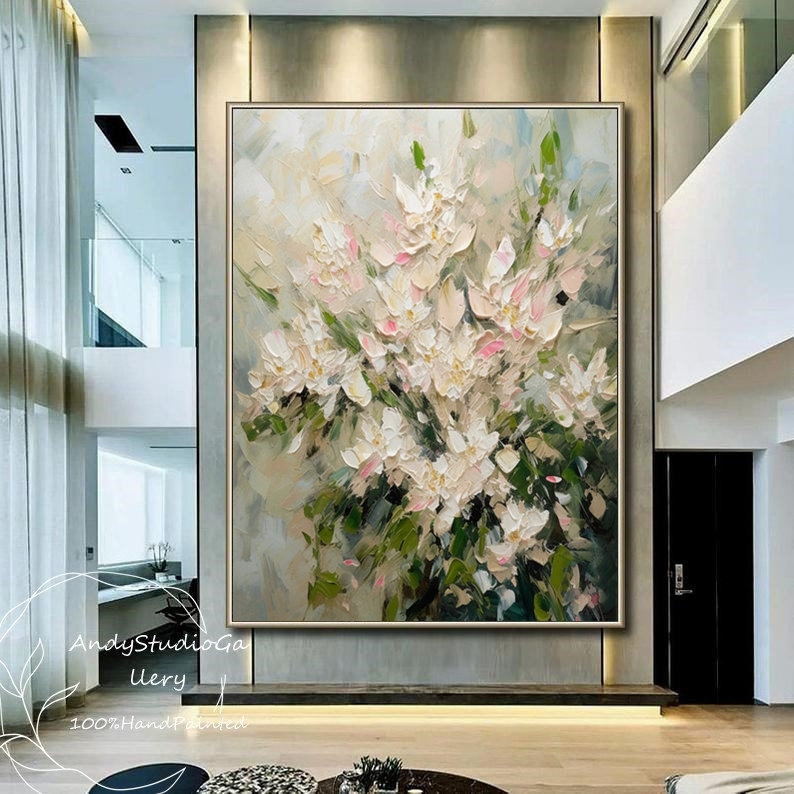 3D White Abstract Texture Floral Wall Art White and Pink Flower Oil ...