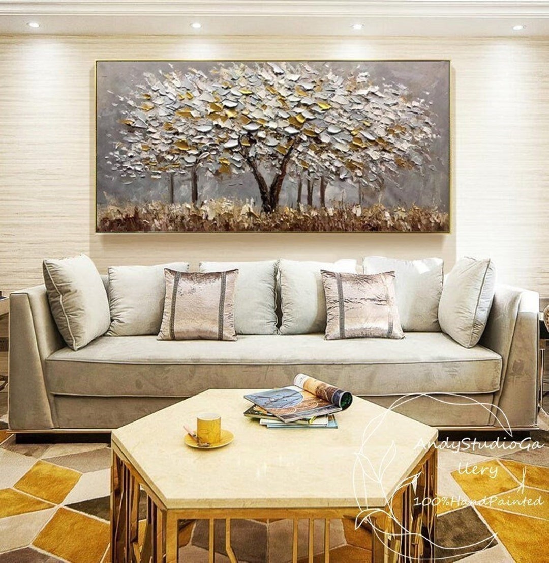 Large Gold Tree Landscape Oil Painting on Canvas Original 3D Textured Nature Forest Wall Art