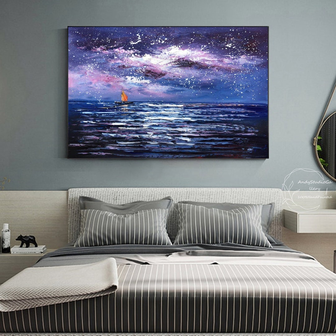 Starry Sky Oil Painting Extra Large Starry Night Sky Landscape Wall Art ...