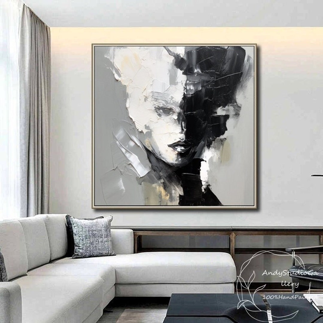 Original Abstract Black and White Face Portrait Oil Painting Woman ...