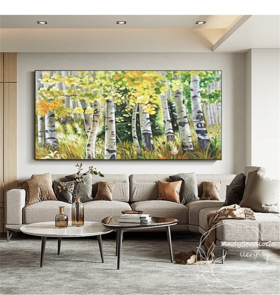 Birch Tree Oil Painting on Canvas Original Yellow Autumn Aspen Forest Landscape Artwork Silver