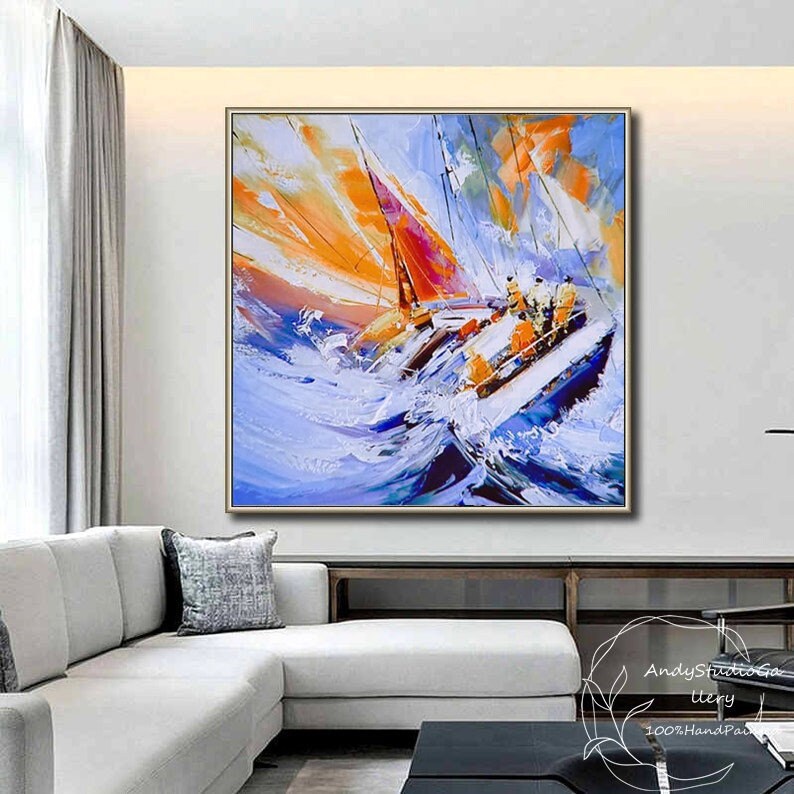 Original Boat Textured Oil Painting on Canvas Large Colorful Abstract ...