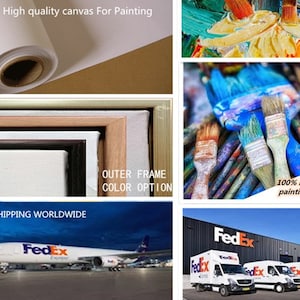 May include: A close-up of a rolled canvas, a selection of wooden frames, and paintbrushes. The text "The High quality canvas For Painting" and "100% handmade painting" are visible.  The image also shows a FedEx airplane and delivery trucks, indicating free worldwide shipping.
