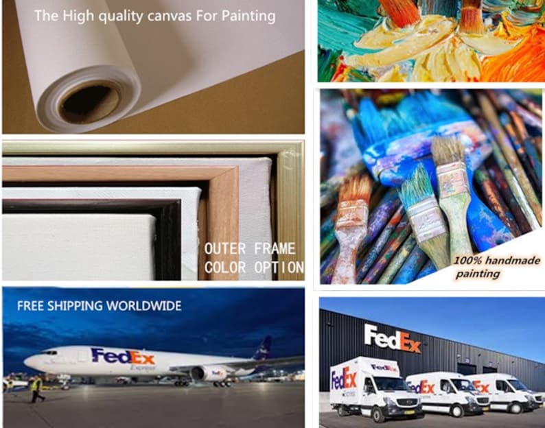 May include: A close-up of a rolled canvas, a selection of wooden frames, and paintbrushes. The text "The High quality canvas For Painting" and "100% handmade painting" are visible.  The image also shows a FedEx airplane and delivery trucks, indicating free worldwide shipping.