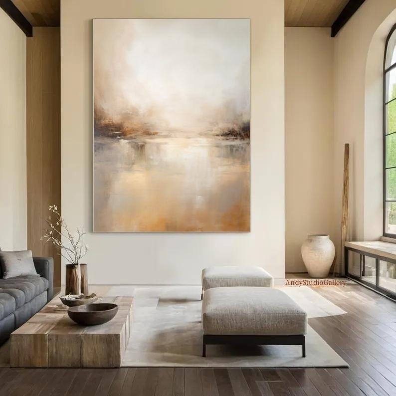Large Beige Brown Abstract Painting Beige Minimalist Wall Art Modern ...