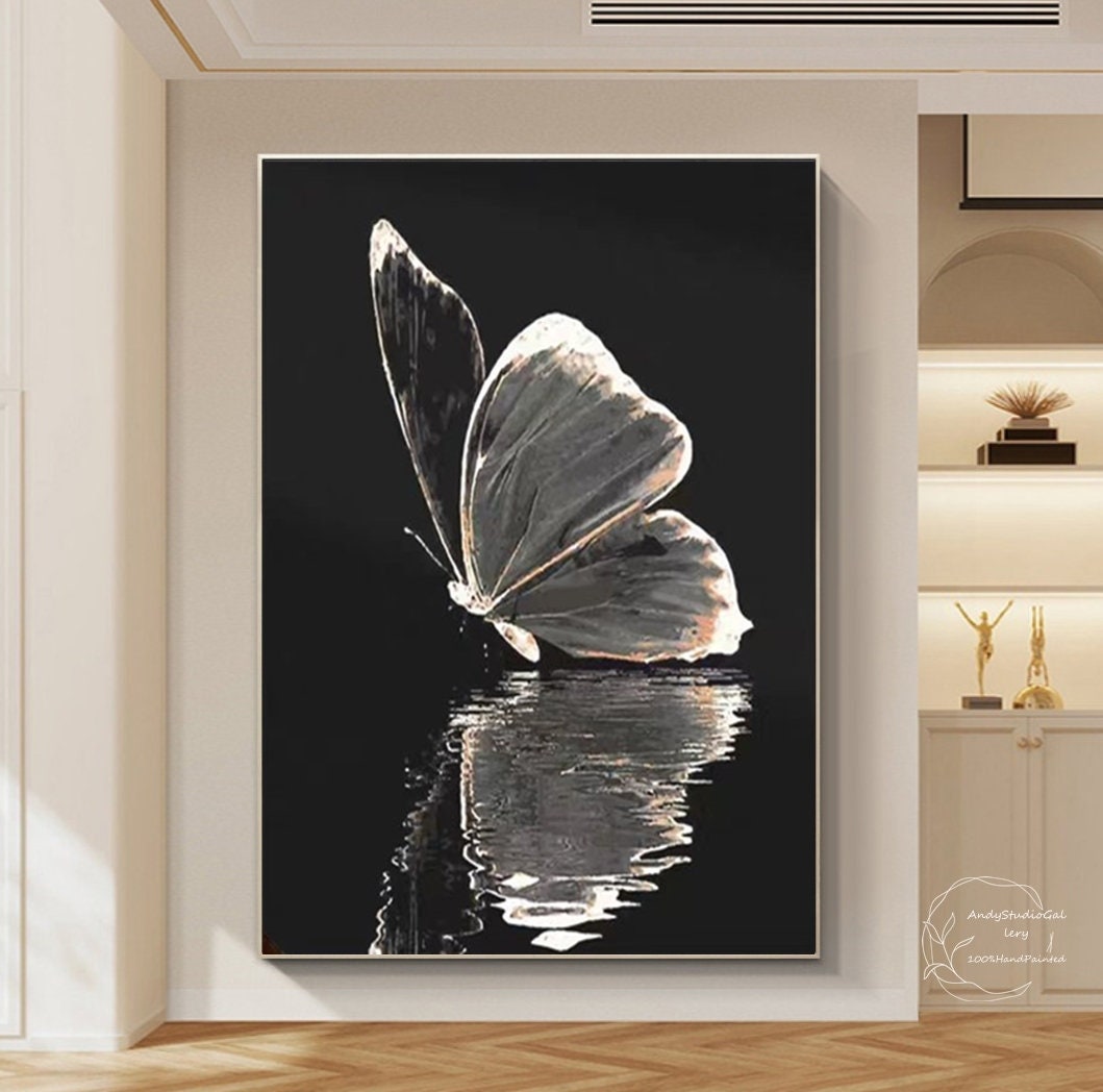 Large Gold Butterfly Acrylic Painting on Canvas Black Butterfly