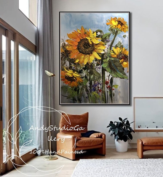 Wall26 Stretched Canvas Print - Sunflowers In Oil Painting Style, 24x36, Framed