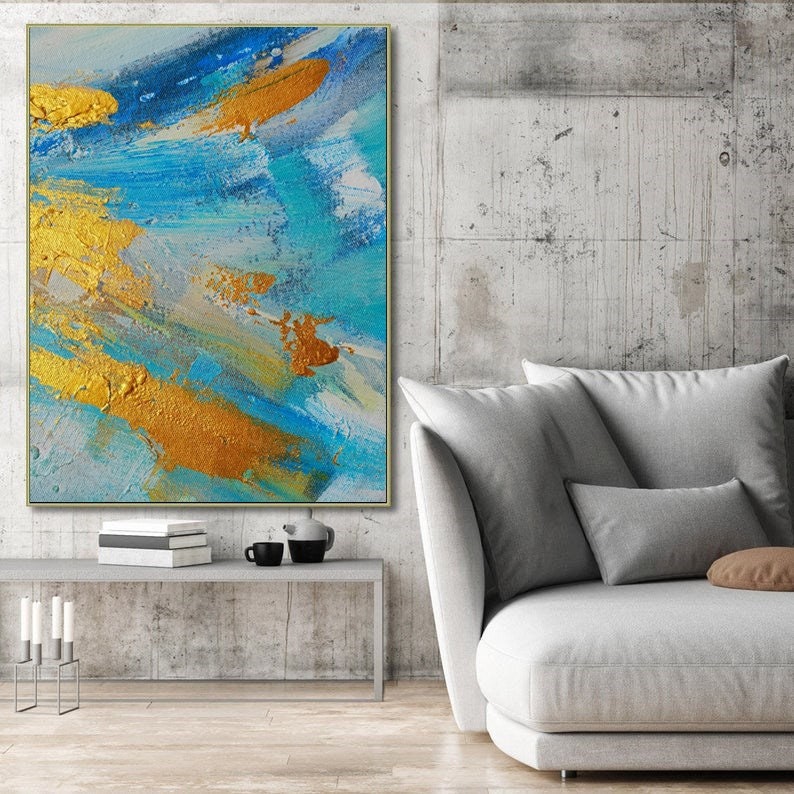Large Abstract Golden Oil Painting Abstract Canvas Blue White Colors Extra Wall Art Modern Gold Leaf Vibrant Canvas Wall Art Home D\u00e9cor