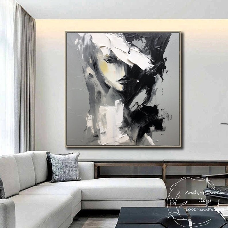 Gran dama abstracta retrato pintura al óleo pintura gris mujer cara obra de arte retrato sin rostro pintura moderna figurativa lienzo decoración de la pared