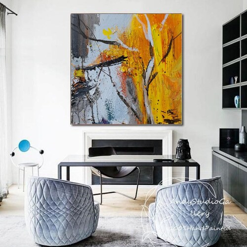 Abstract Yellow Painting Original Large Acrylic Canvas Wall Art,Black Painting,Yellow Painting,Modern shops Living Room Art,Gold Yellow Painting