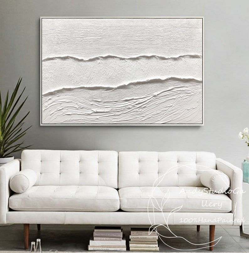 Large Nordic White Abstract Wall Art 3D Texture Painting White ...