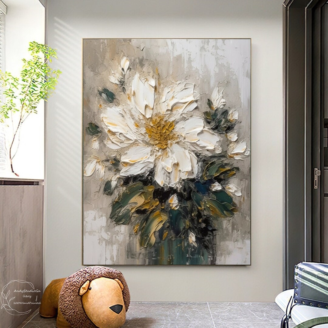 Original White 3D Floral Textured Wall Art Fancy Flower Art for Bedroom ...