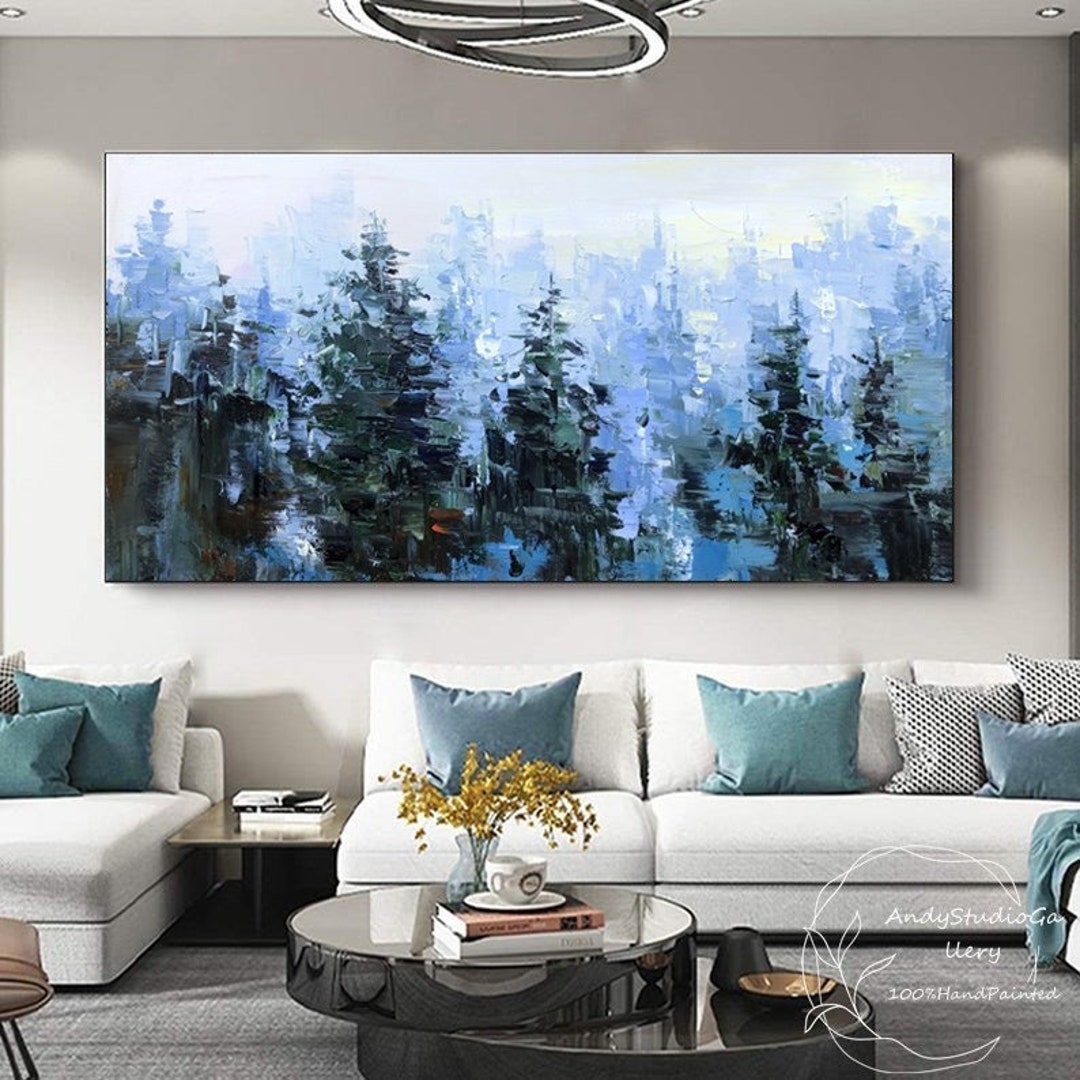 Large Pine Tree Oil Painting Foggy Pine Forest Nature Wall Art Modern ...