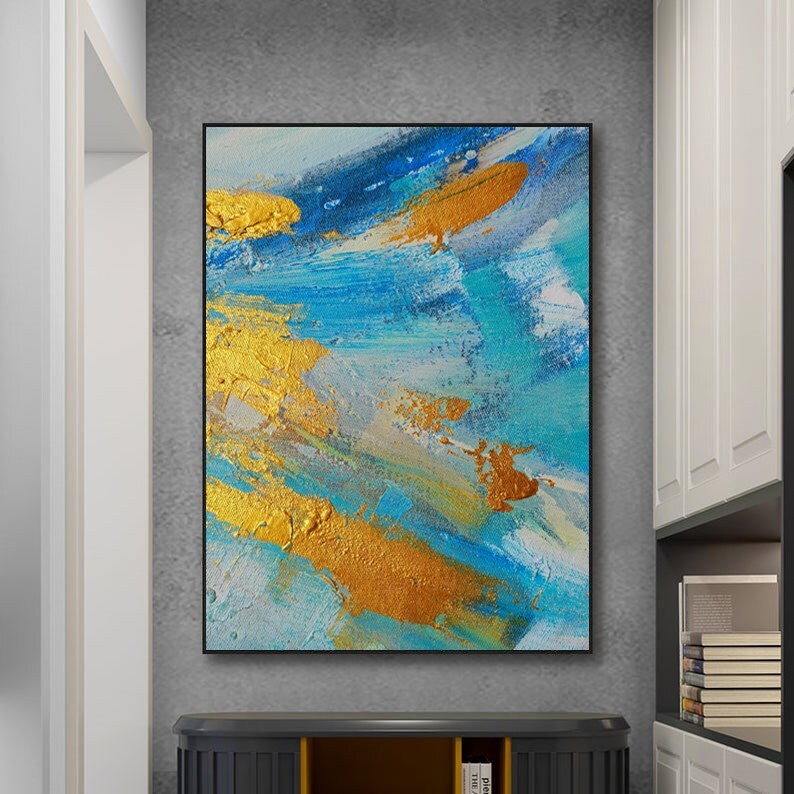Large Abstract Golden Oil Painting Abstract Canvas Blue White Colors Extra Wall Art Modern Gold Leaf Vibrant Canvas Wall Art Home D\u00e9cor