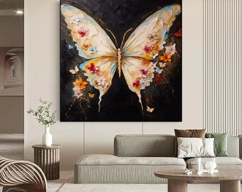 大きな抽象的なカラフルな蝶の油絵 カラフルな蝶の絵画 抽象的な質感の