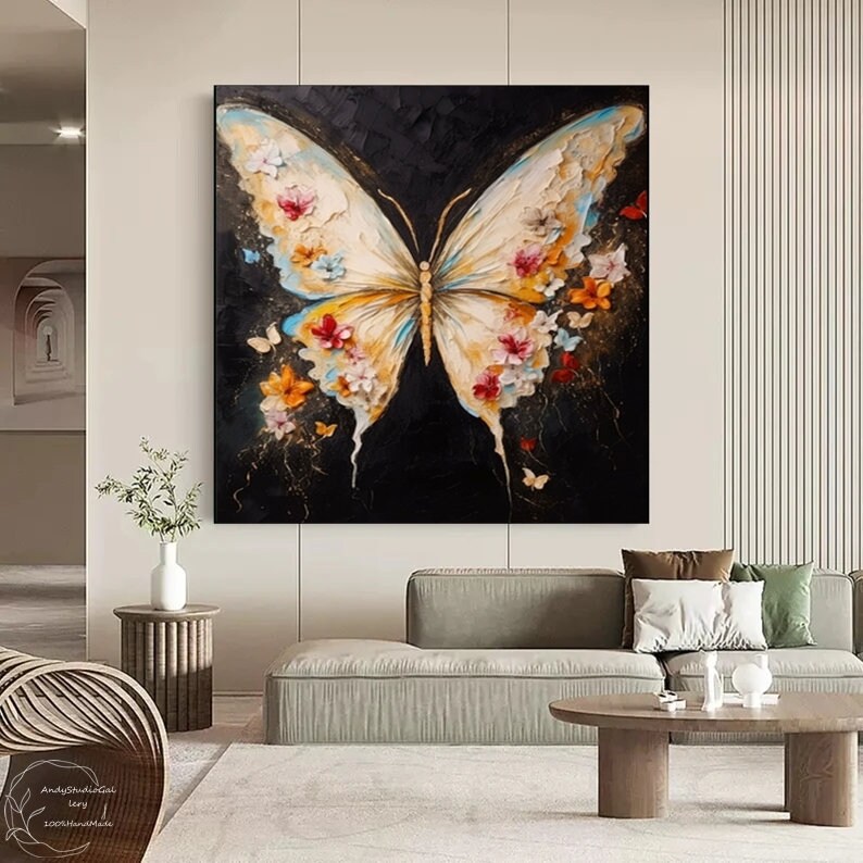 絵画　油絵　原画　蝶　北欧　カラフル　アート　インテリア　F4 Amazon.co.jp: 絵画「七色の蝶」インテリア 壁掛け アートパネル A3 額