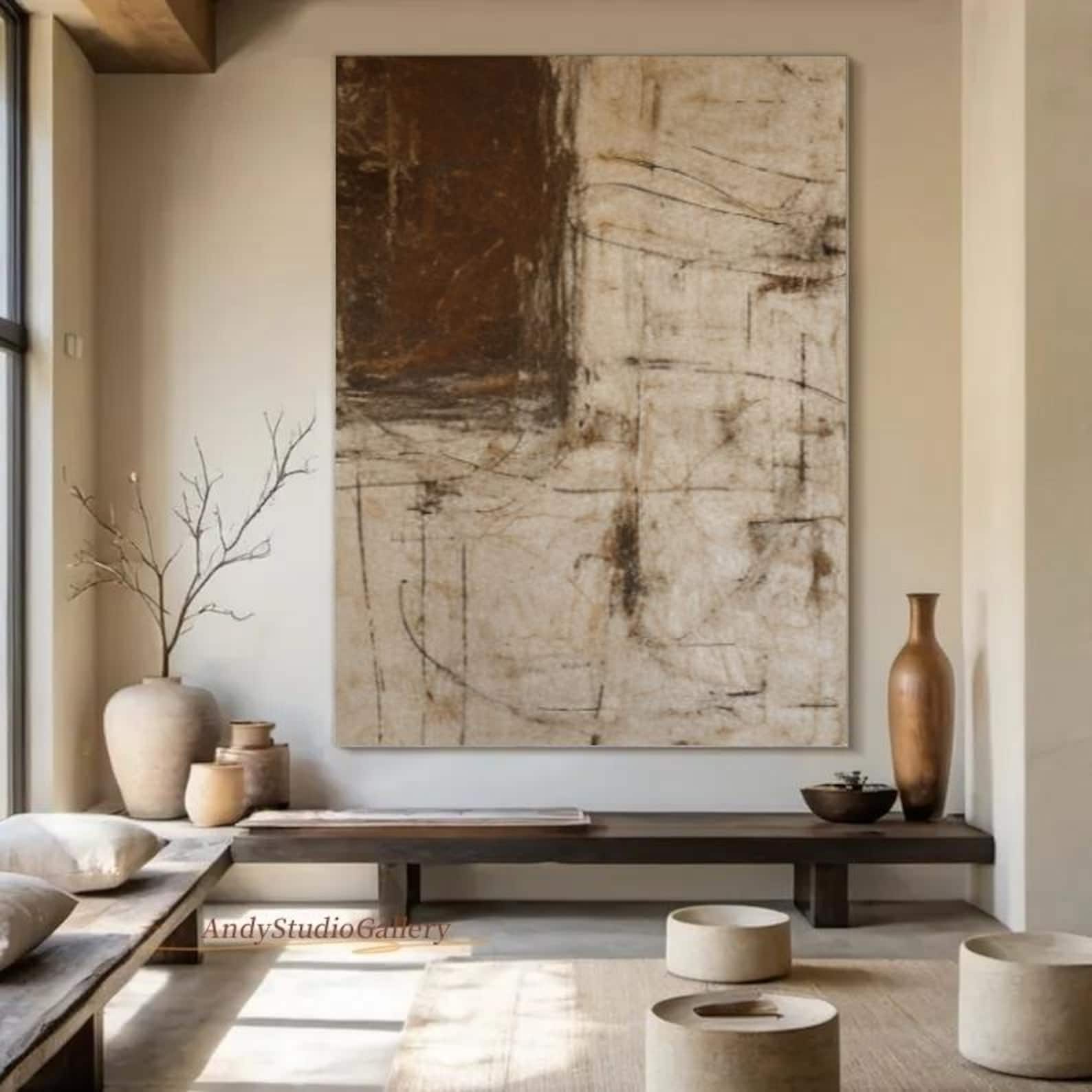Large Earth Tone Abstract Painting: Handmade Minimalist Painting