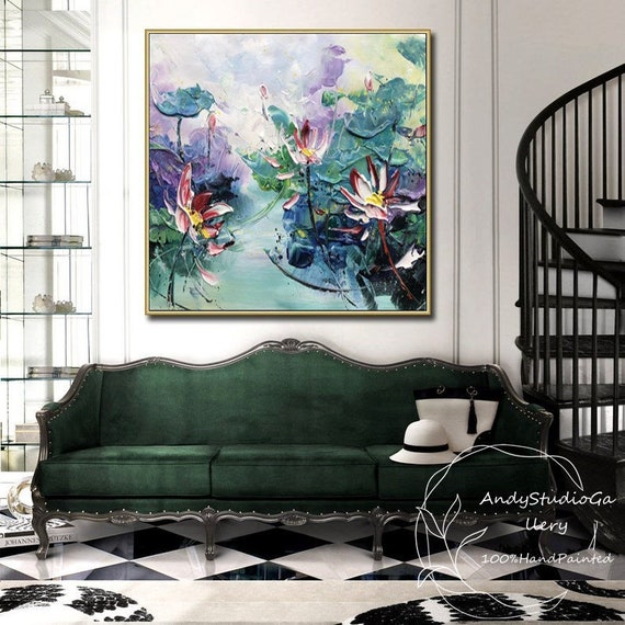 Original Art Lotus Oil Painting Colorful Lotus Painting Green Textured Abstract Wall Art Flowers Artwork Landscape Painting Gift For Mom