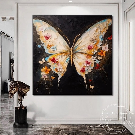 大きな抽象的なカラフルな蝶の油絵 カラフルな蝶の絵画 抽象的な質感の