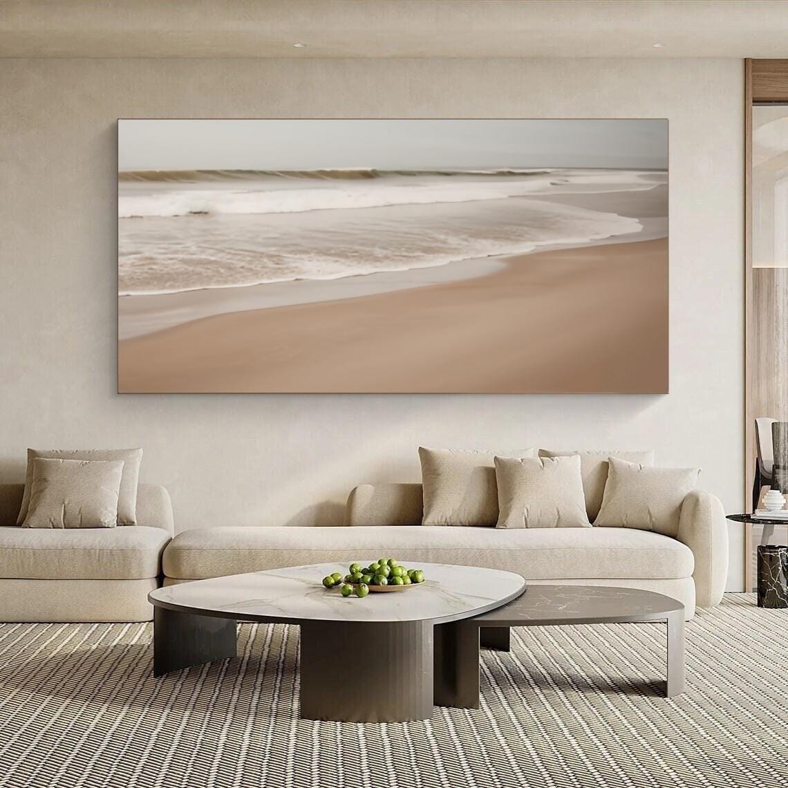 大きなアクリルフレームの茶色のビーチの絵画、大きな3Dテクスチャの海