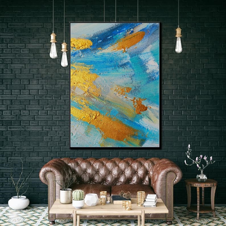 Large Abstract Golden Oil Painting Abstract Canvas Blue White Colors Extra  Wall Art Modern Gold Leaf Vibrant Canvas Wall Art Home D\u00e9cor