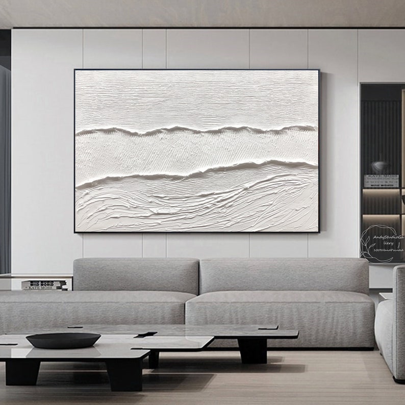 Large Nordic White Abstract Wall Art 3D Texture Painting White ...