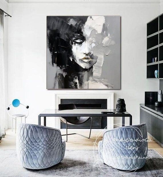 thumbnail image 2 of Large Abstract Canvas Wall Art - Hand Painted White & Black Modern Painting, 29x59 Inch Framed 2 of 14