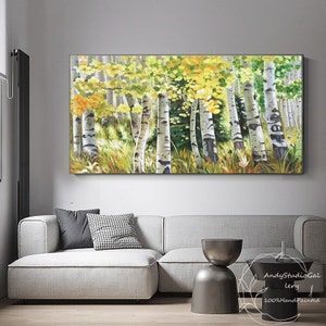 Birch Tree Oil Painting on Canvas Original Yellow Autumn Aspen Forest ...