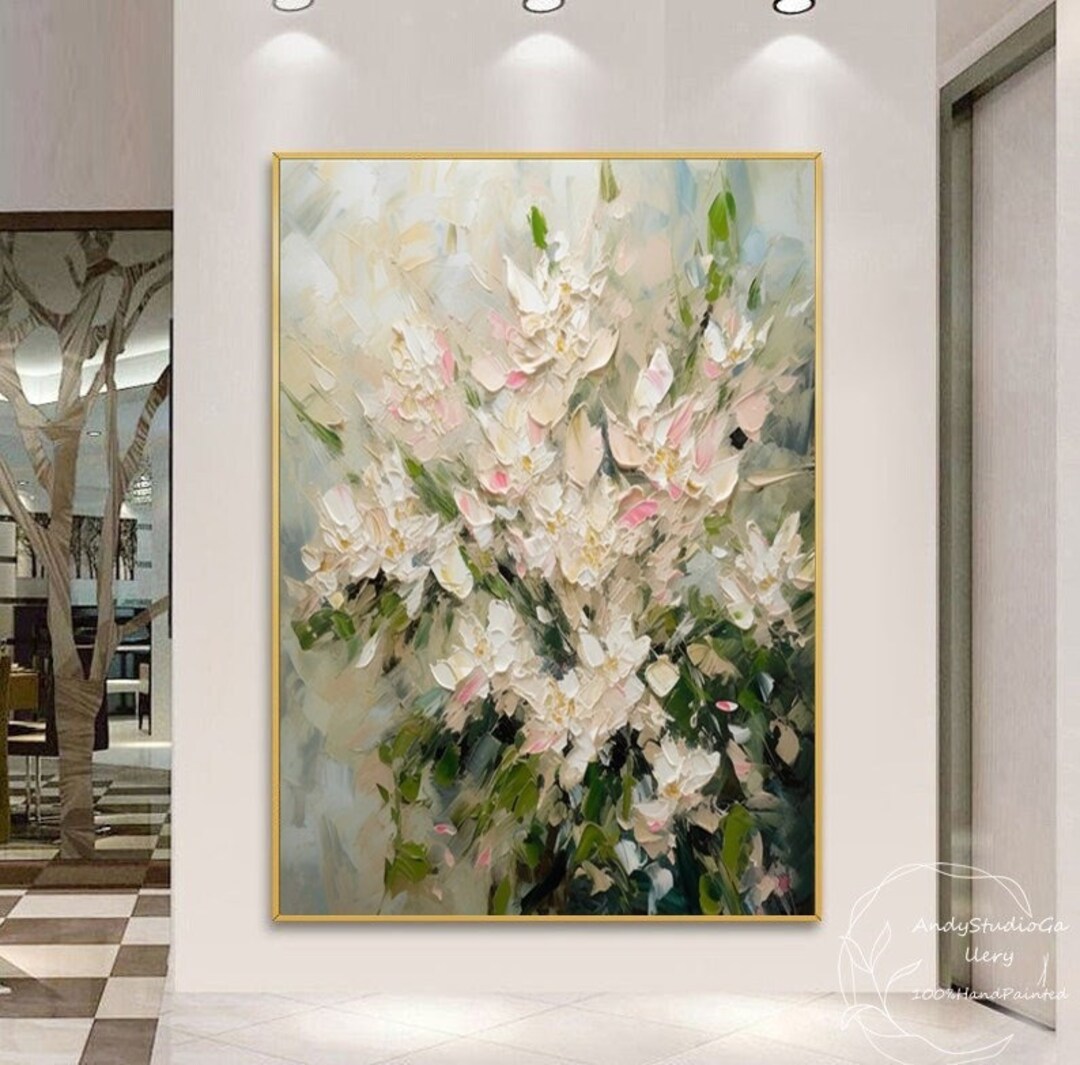 3D White Abstract Texture Floral Wall Art White and Pink Flower Oil ...