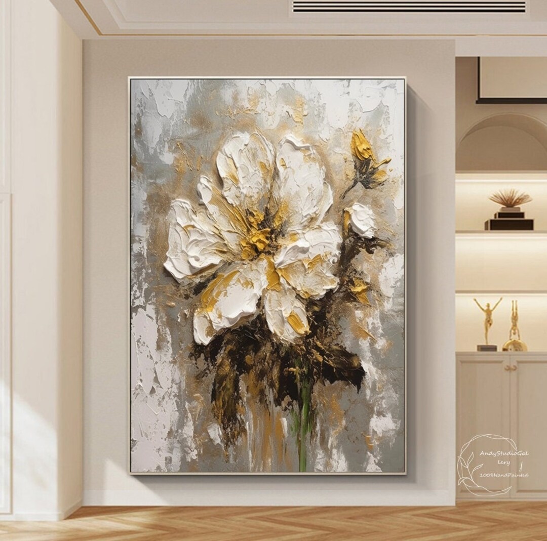 White Gold Flower Canvas Painting Flower Landscape Painting 3D Framed