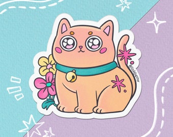 Cute orange cat with flowers sticker | Vinyl sticker - Hydroflask sticker - sketchbook sticker - laptop sticker - water bottle sticker