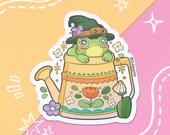 Cute frog with witch hat inside watering can Vinyl sticker | Hydroflask sticker - journal sticker - laptop sticker - water bottle sticker