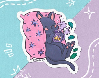 Cute black cat with tea Sticker | Vinyl sticker - Hydroflask sticker - journal sticker - car sticker - laptop sticker - water bottle sticker