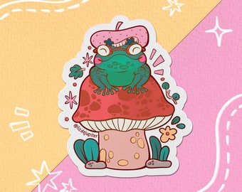Little frog in red mushroom Vinyl sticker | Hydroflask sticker - journal sticker - cute car sticker - laptop sticker - water bottle sticker