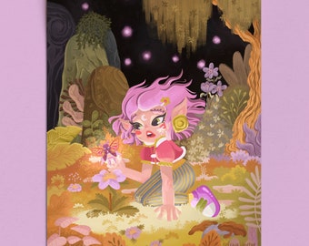 Wood Elf girl in wonder Art Print | Whimsical print | Children's illustration | Fantasy print | Cute art | Forest print | Magic garden print