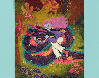 Forest Dragon with elf princess Print | Whimsical print | Children's illustration | Fantasy print | Cute art | Forest print | Magic print