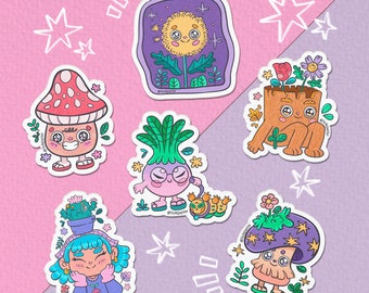 Garden and Mushroom Sticker Pack x6 | Vinyl sticker - Hydroflask sticker - sketchbook journal sticker - laptop sticker - waterbottle sticker