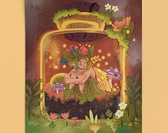 Magical forest fairy in a jar Print | Whimsical print | Children's illustration | Fantasy print | Cute art | Forest print | Magic print