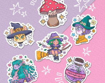 Witches and Magic Sticker Pack x6 | Cute vinyl sticker - Hydroflask sticker - journal sticker - sketchbook sticker - water bottle sticker