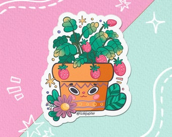 Cute pot with strawberry plant Vinyl sticker | Hydroflask sticker - journal sticker - car sticker - laptop sticker - water bottle sticker