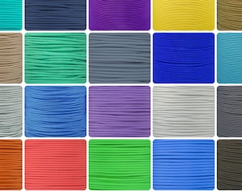May include: A collection of 36 spools of colorful elastic cord. The cords are arranged in a grid pattern and are all the same size. The colors include teal, gray, orange, blue, beige, navy, black, red, pink, turquoise, dark blue, purple, yellow, brown, tan, green, light blue, lavender, light gray, dark gray, orange, coral, lime green, royal blue, dark brown, and more.
