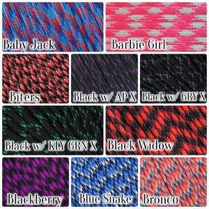May include: A collection of paracord samples in various colors and patterns. The samples include "Baby Jack" in blue and red, "Barbie Girl" in pink and white, and "Black Widow" in red and black. Each sample is labeled with its name.