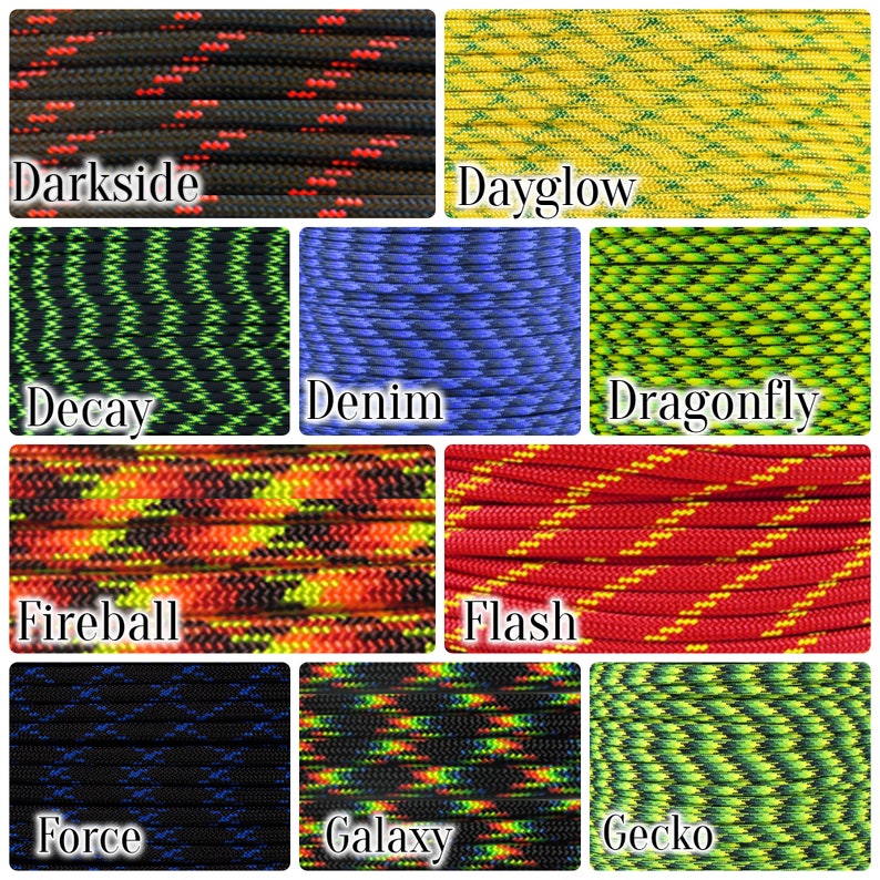 May include: A collection of colorful paracord samples, each with a unique pattern and name. Colors include black with red accents, yellow with green, green with black, blue, and red with yellow. The names "Darkside", "Dayglow", "Decay", "Denim", "Dragonfly", "Fireball", "Flash", "Force", "Galaxy", and "Gecko" are displayed.