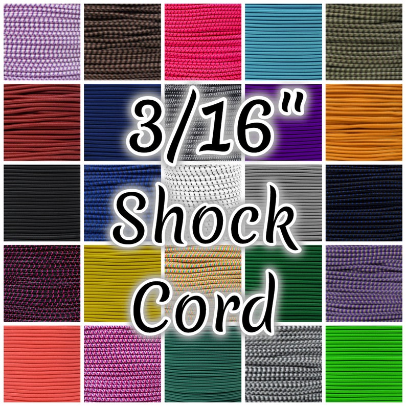 Op de afbeelding: Een selectie van 3/16" shockcord kleuren, waaronder zwart, wit, rood, blauw, groen, paars, oranje en geel. Het koord is gemaakt van elastisch materiaal en wordt vaak gebruikt voor knutselen, reparaties en andere projecten.