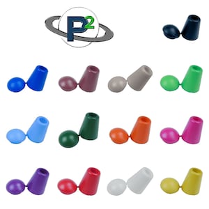 May include: Assortment of 12 pairs of plastic cord end tips in various colors, including blue, green, red, purple, white, and yellow. Each pair consists of a cone-shaped tip and a round cap.