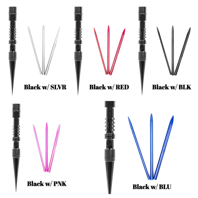 May include: Five different colored sets of dart tips. Each set includes three tips and a black dart shaft. The colors are silver, red, black, pink, and blue.