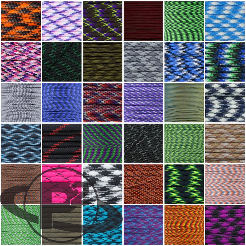 May include: A grid of colorful paracord samples in various patterns and colors. The samples include orange and black, purple and white, green and black, and red. Other colors include blue, green, and brown.